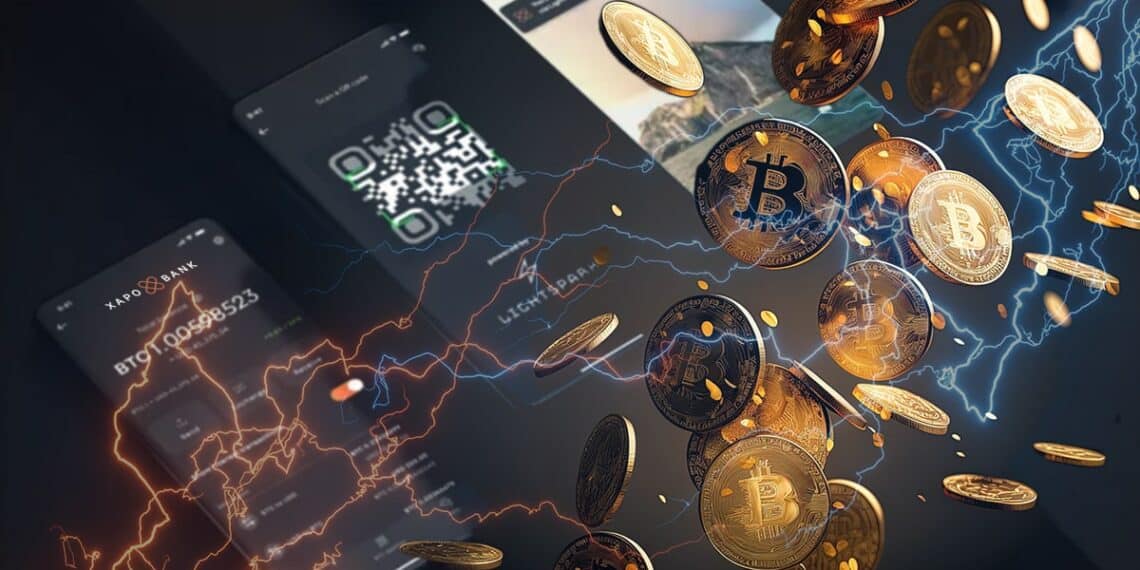 monedas de bitcoin cayendo entre relampagos con telefonos moviles en distintas fases del pago con la aplicación de xapo bank en el fondo