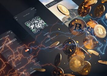 monedas de bitcoin cayendo entre relampagos con telefonos moviles en distintas fases del pago con la aplicación de xapo bank en el fondo