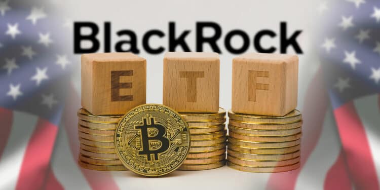 ETF, bitcoin, banderas de Estados Unidos y BlackRock.