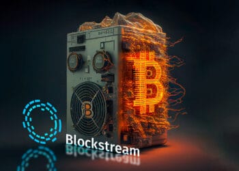 Minero de bitcoin y logo de Blockstream.