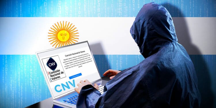 Hacker hackeando CNV junto a bandera de Argentina de fondo.