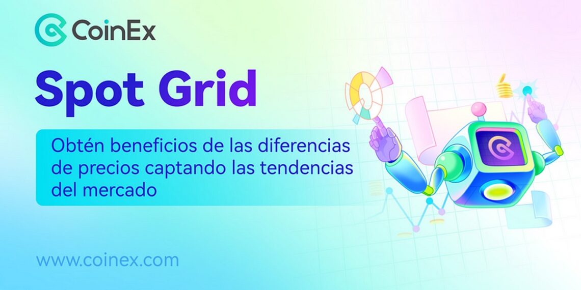 Pancarta publicitaria del lanzamiento del producto Spot Grid de CoinEx.