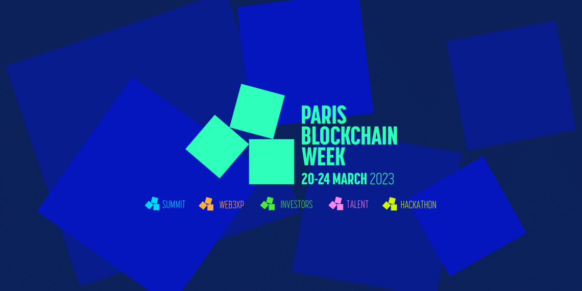 Logo del evento París Blockchain Week sobre un fondo azul.