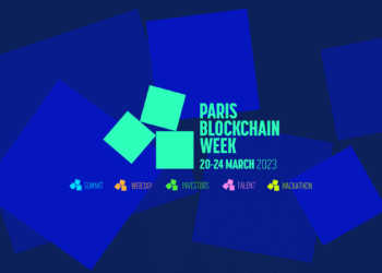 Logo del evento París Blockchain Week sobre un fondo azul.