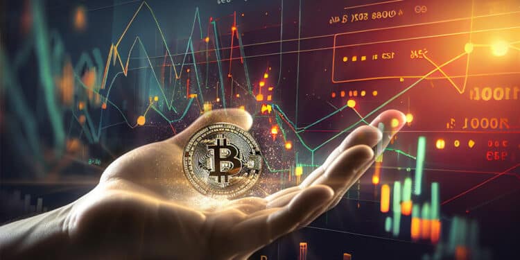 mano sosteniendo moneda de bitcoin con graficos de precio en el fondo