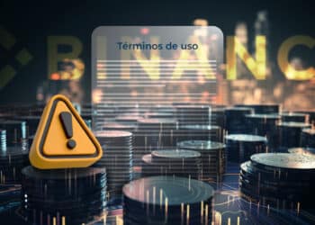 simbolo de aviso junto a documento digital de terminos de uso entre monedas apiladas con logo de Binance en el fondo