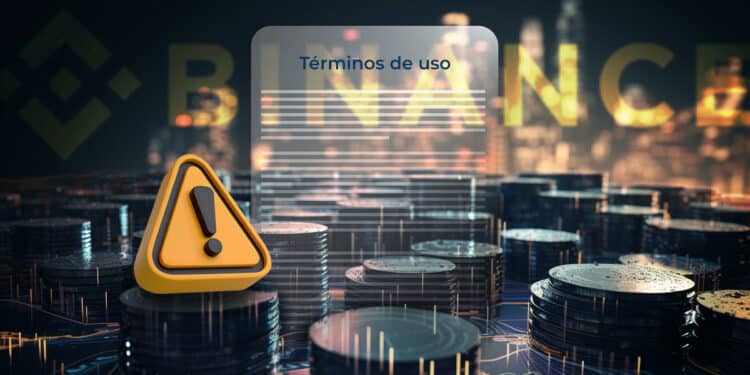 simbolo de aviso junto a documento digital de terminos de uso entre monedas apiladas con logo de Binance en el fondo