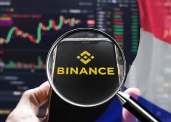 Una lupa apuntando al logo del exchange Binance y bandera de Francia.