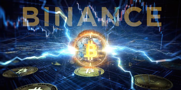moneda de bitcoin entre relampagos sobre red digital con monedas de bitcoin, grafico de precio en pantallas en el fondo con logo de Binance