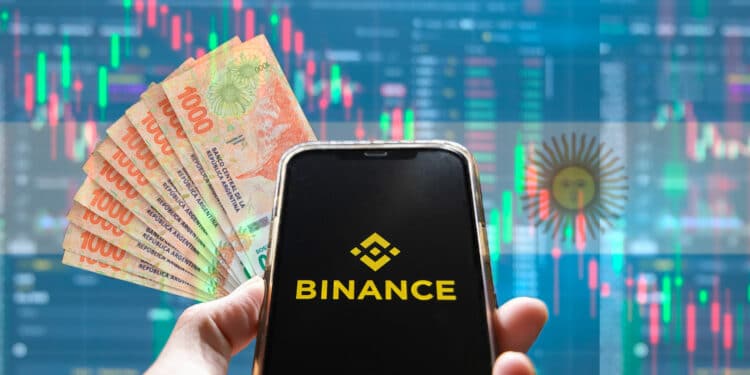 Binance, pesos argentinos y bandera de Argentina.