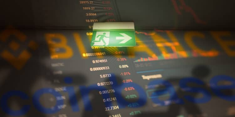 logos de Binance y Coinbase con listado de mercado de criptomonedas con grafico de precio y sombra de personas corriendo en el fondo