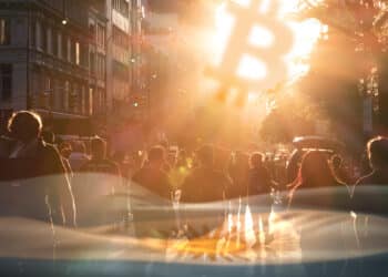 personas juntandose en camino con logo de bitcoin en el cielo y bandera de Argentina superpuesta
