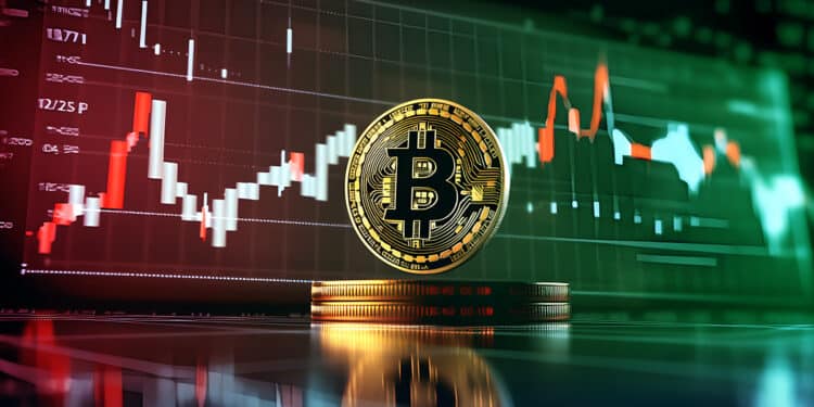 moneda de bitcoin flotando sobre monedas apiladas en mesa con grafico de precio cambiante en el fondo