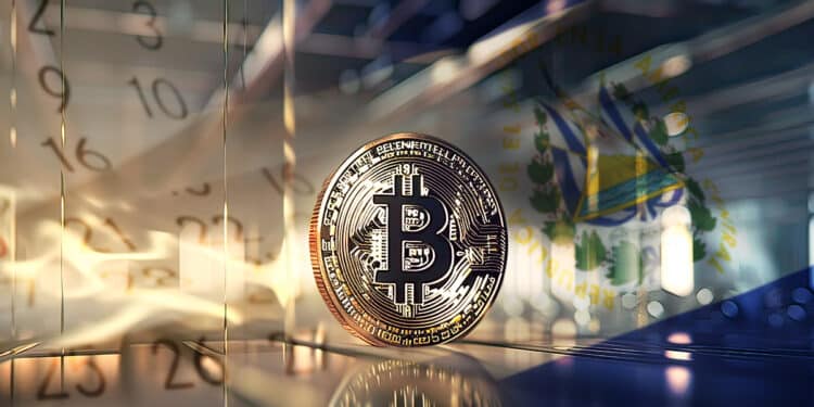 moneda de bitcoin sobre plataforma con calendario pasando hojas y bandera de El Salvador en el fondo