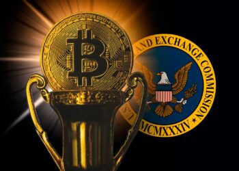 Bitcoin sobre un trofeo y logo de la SEC.