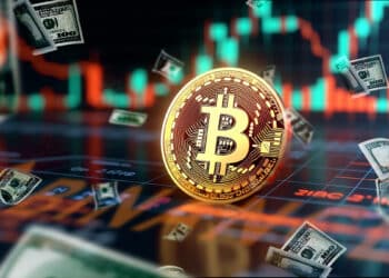 monea de bitcoin sobre pantalla con logotipo de binance y grafico de precio en el fondo con billetes de dolares cayendo alrededor