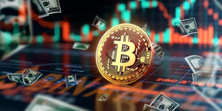 monea de bitcoin sobre pantalla con logotipo de binance y grafico de precio en el fondo con billetes de dolares cayendo alrededor