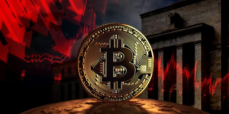 moneda de bitcoin con grafico de precio y presion bajista sobre reserva federal en el fondo