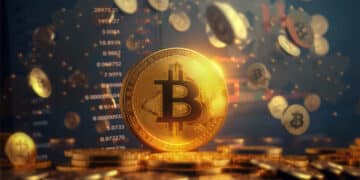 moneda de bitcoin entre monedas cayendo con grafico de precio en el fondo