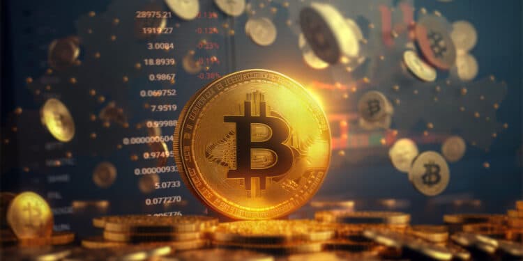 moneda de bitcoin entre monedas cayendo con grafico de precio en el fondo