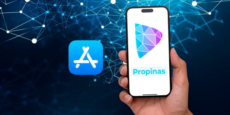 Celular con plataforma Damus y logo de app store.