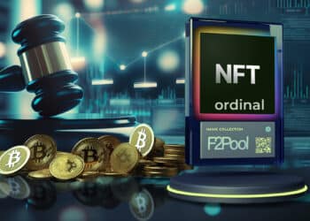 tarjeta NFT sobre plataforma de subasta digital con logo F2Pool en el fondo