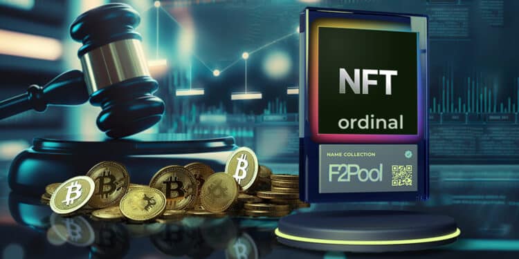 tarjeta NFT sobre plataforma de subasta digital con logo F2Pool en el fondo