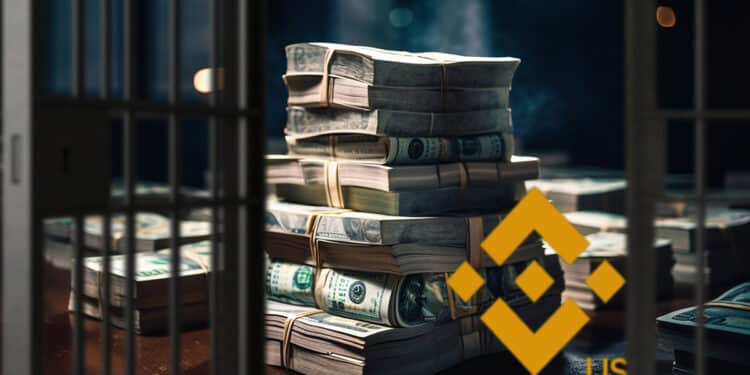 billetes de dolares apilados sobre mesa junto a logo de Binance US detrás de reja de celda abriendose