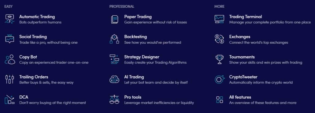 distintas funciones ofrecidas por cryptohopper para el trading inteligente