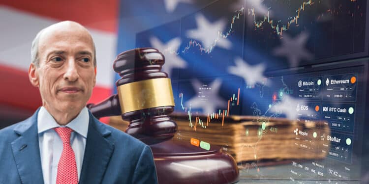 Gary Gensler con escritorio legal y pantallas con exchanges de criptomonedas en el fondo