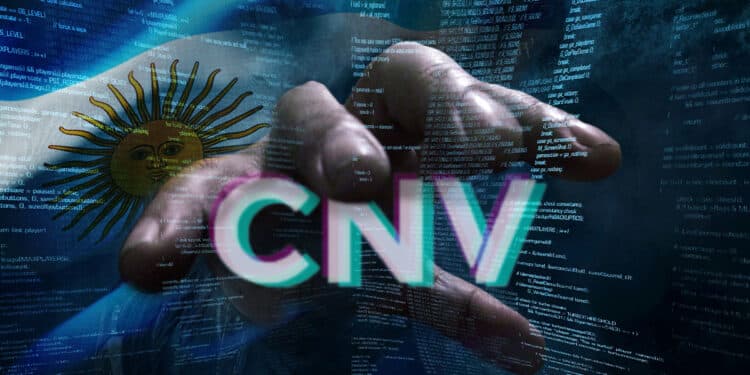 hacker atrapando logo de la Comisión Nacionalñ de Valores con bandera de Argentina en el fondo