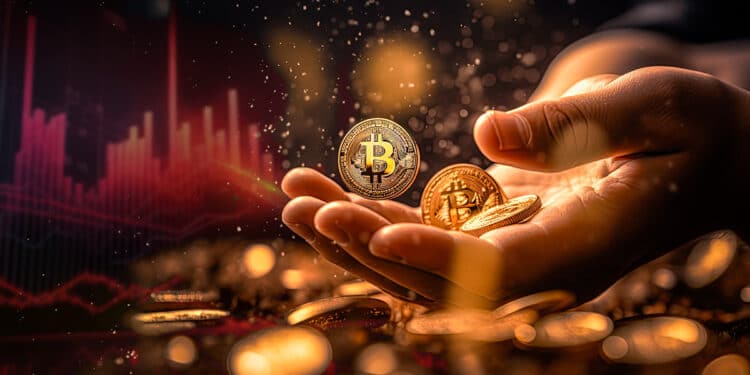 mano agarrando monedas de bitcoin con grafico de precio bajista en el fondo