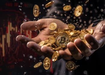 manos recolectando monedas de bitcoin cayendo con grafico de precio bajista en el fondo