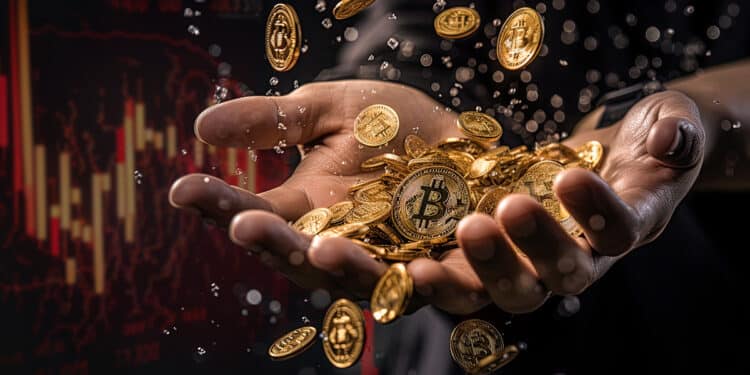 manos recolectando monedas de bitcoin cayendo con grafico de precio bajista en el fondo