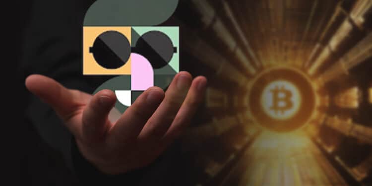 mano presentando logo de Vexl con bitcoin en el fondo