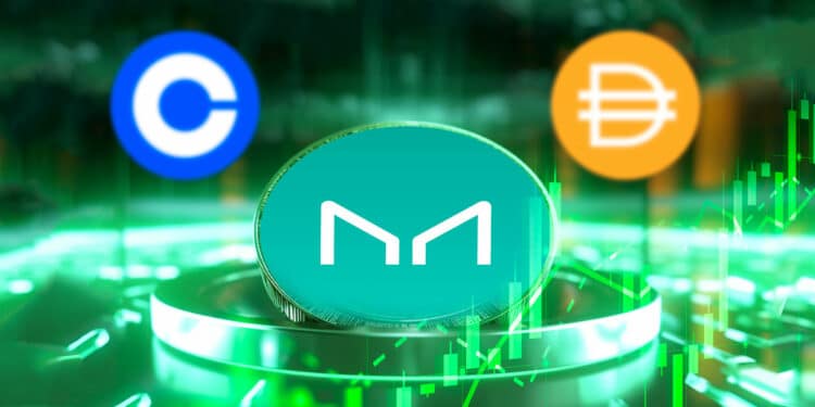 Logo de Coinbase, Dai y Monero junto a gráfico de subida.