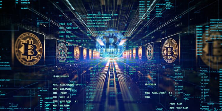 pasillo de bloques de bitcoin con bitcoin digital en el fondo con codigo superpuesto
