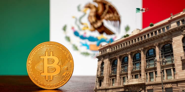 Banco y bandera de México y Bitcoin.