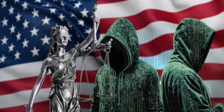 Bandera de Estados Unidos, símbolo de la justicia y hackers.