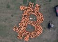 Vista aérea de Paraguas naranjas formando una gran B de Bitcoin.
