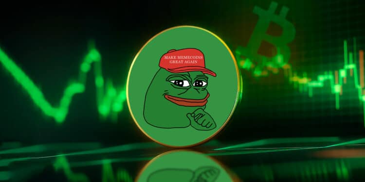 Memecoin pepe, gráfico de mercado verde y bitcoin.