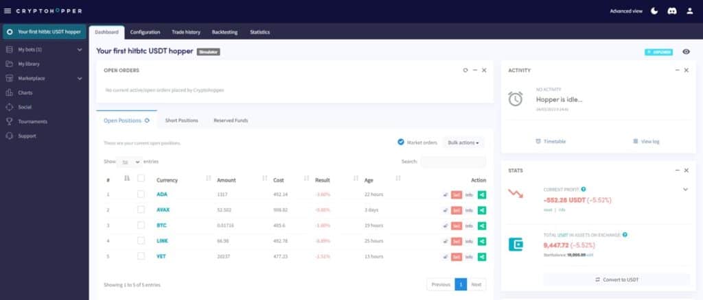 aplicación de trading en la pagina web de cryptohopper