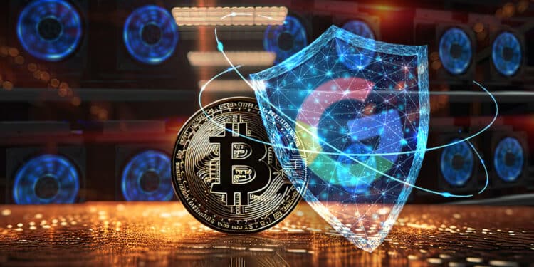 moneda de bitcoin con escudo digital con logo de google y mineros asic en el fondo