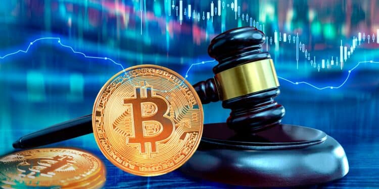 Bitcoin junto a martillo regulatorio y gráfico de mercado de fondo.
