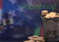 monedas dentro de basurero sobre plataforma de exchane con logo de robinhood y martillo de juez sobre escritorio con bandera de estados unidos en el fondo