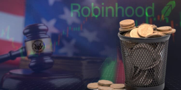 monedas dentro de basurero sobre plataforma de exchane con logo de robinhood y martillo de juez sobre escritorio con bandera de estados unidos en el fondo