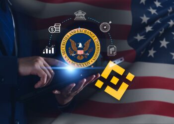 Logo de binance y la SEC junto a bandera de EE. UU.