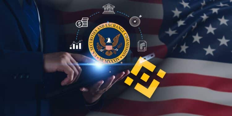 Logo de binance y la SEC junto a bandera de EE. UU.