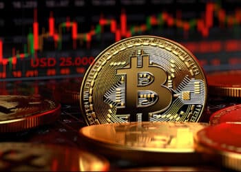 moneda de bitcoin entre monedas sobre mesa con grafico de precio en erojo en el fondo