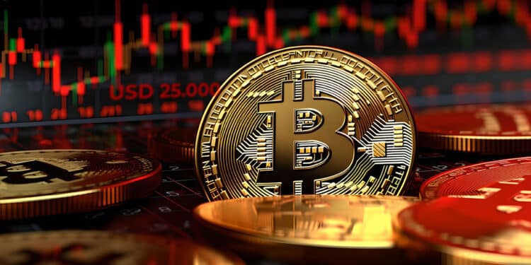 moneda de bitcoin entre monedas sobre mesa con grafico de precio en erojo en el fondo